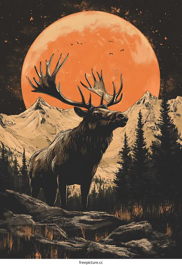 Moose Illustration with Orange Moon and Mountain Background