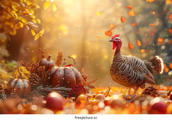 A Thanksgiving turkey stands in a field of fallen leaves.