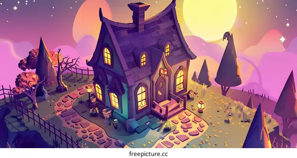 Fantasy House Illustration, Nighttime Scene, Cartoon Style