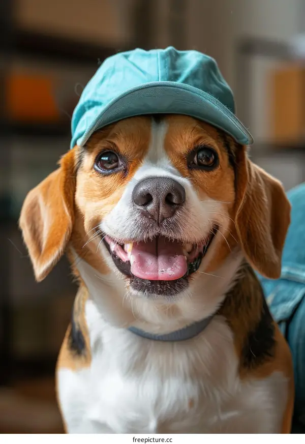 A Beagle Wearing a Blue Hat