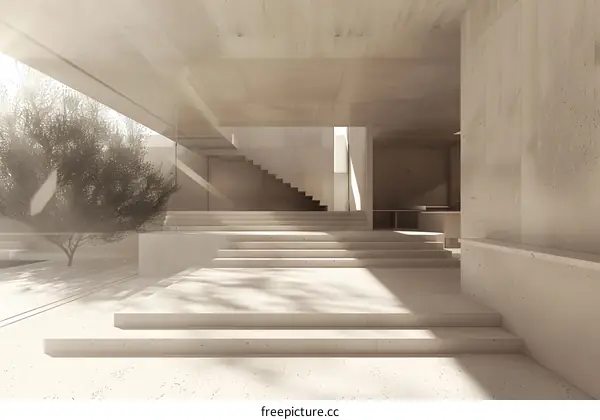Minimalist Concrete House with Stairs and Tree