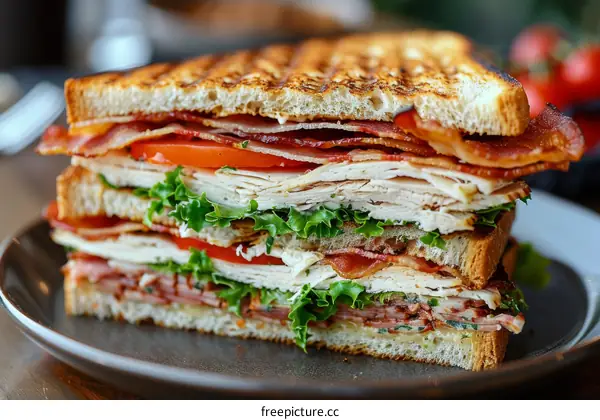 A delicious sandwich with bacon, turkey, tomato, and lettuce