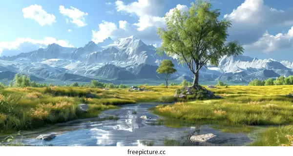 Green Oasis Amidst Snowy Peaks