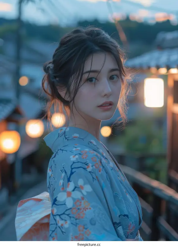 Beautiful Japanese Woman in Kimono at Twilight