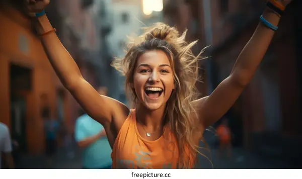 Ecstatic blonde woman celebrating her victory with arms raised in joy