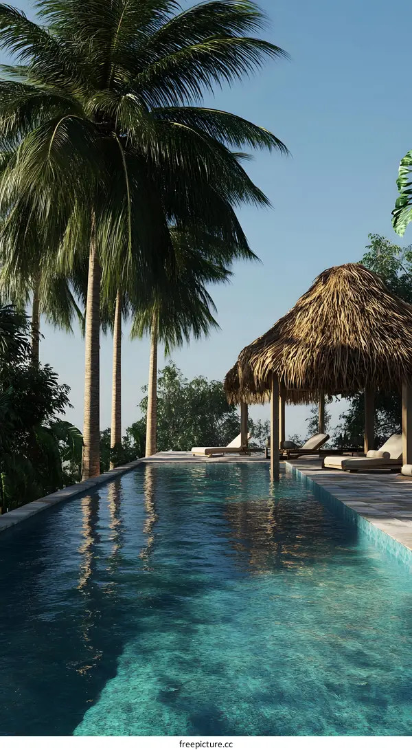 Tropical Paradise Pool with Palm Trees and Thatched Roof