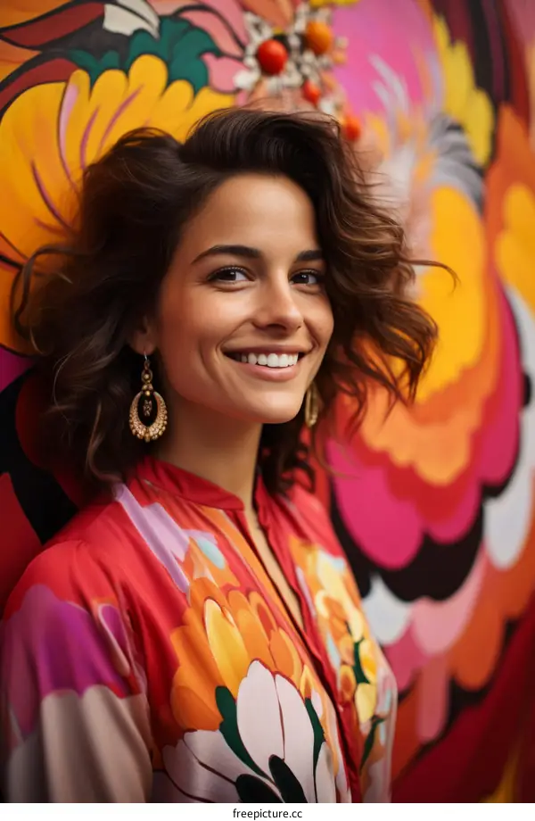 Portrait of a smiling young woman with short brown hair in front of a colorful mural