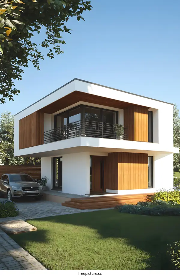 Modern Two Story House with Wooden Accents and Balcony
