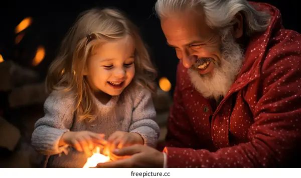 Grandfather and granddaughter enjoying the warm glow of a candle