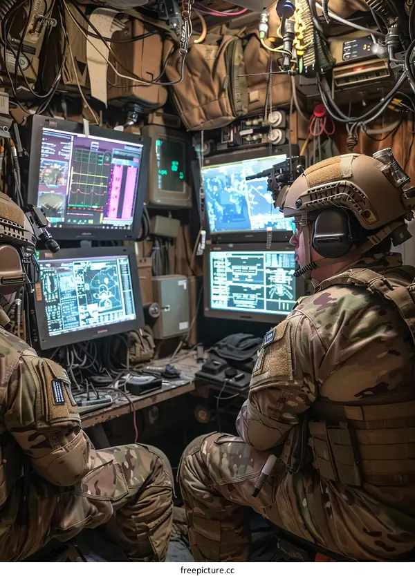 Two soldiers are sitting in a room full of electronic equipment.