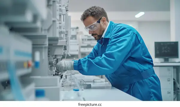 Scientist wearing protective eyewear and gloves works on assembling scientific equipment in a modern laboratory