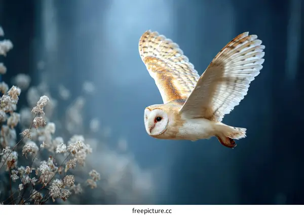 Barn Owl in Flight Through a Misty Forest