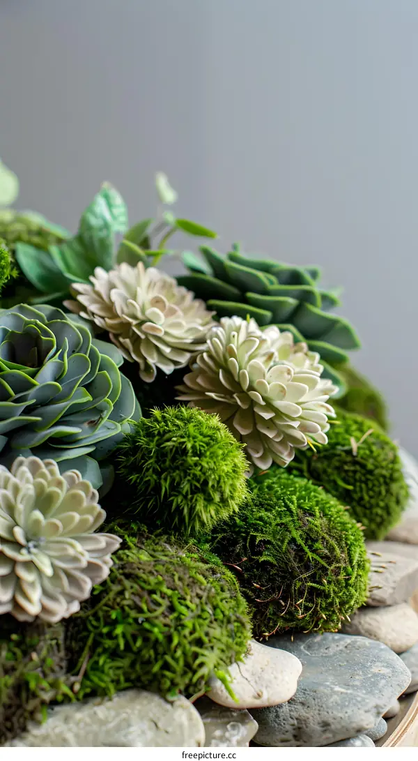 Green Succulents Moss and Stones