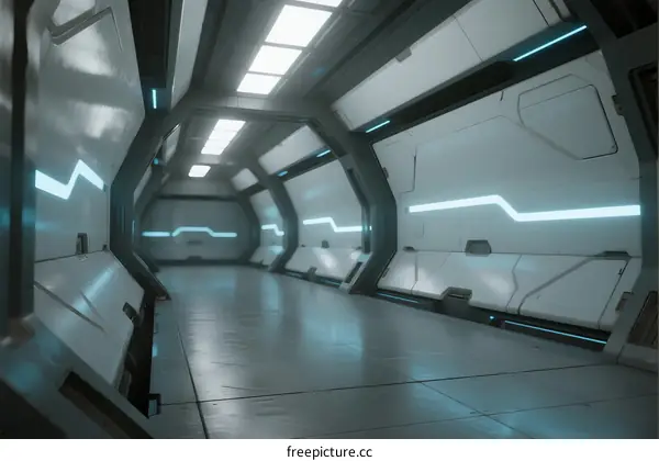 Futuristic Sci-Fi Corridor with Metallic Walls and LED Lighting