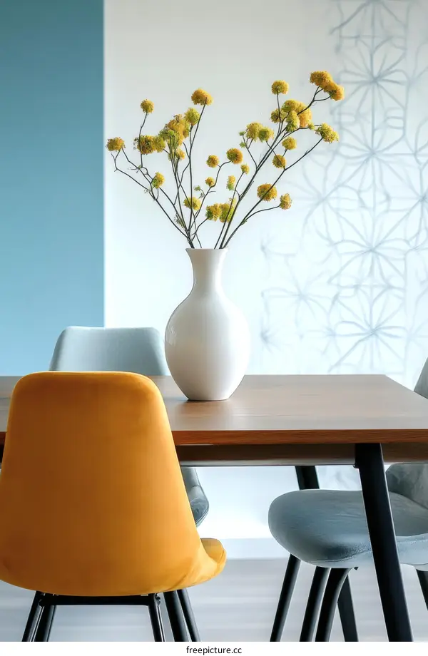 Dining Room Interior with Yellow Flowers and Velvet Chairs