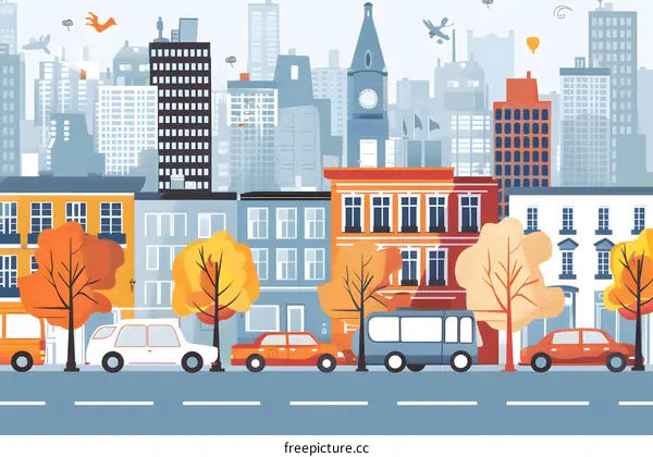 Fall Cityscape With Buildings And Trees