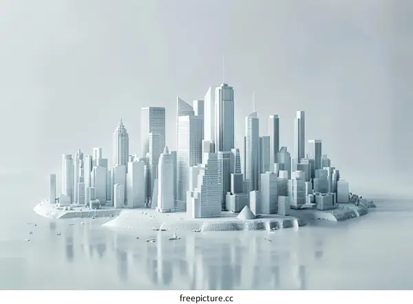 Modern Cityscape: 3D Rendering of Skyscrapers and River