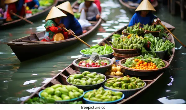 Southeast Asian women selling fresh produce from their boats in a floating market