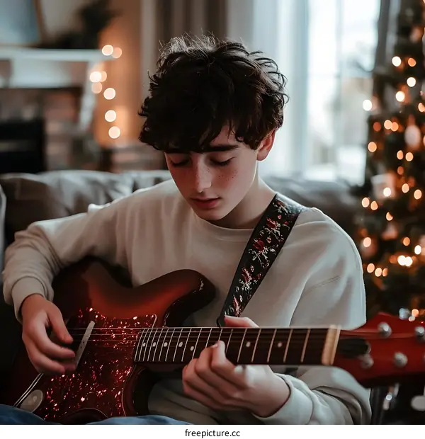 Young Man Playing Guitar in Front of Christmas Tree