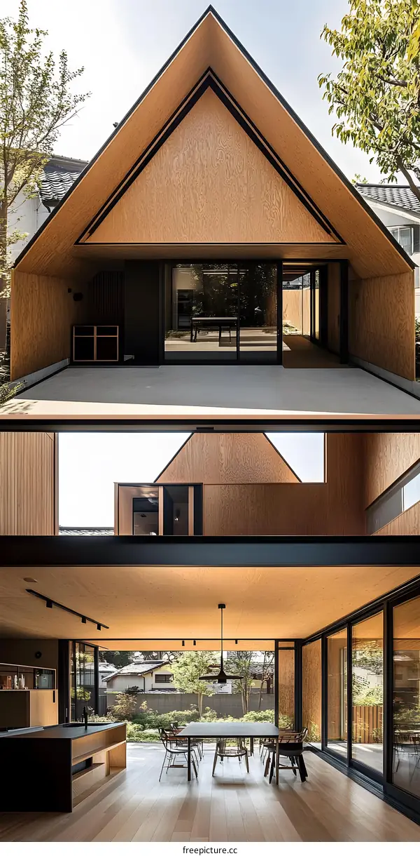 Modern Wooden House With Triangular Roof and Large Windows