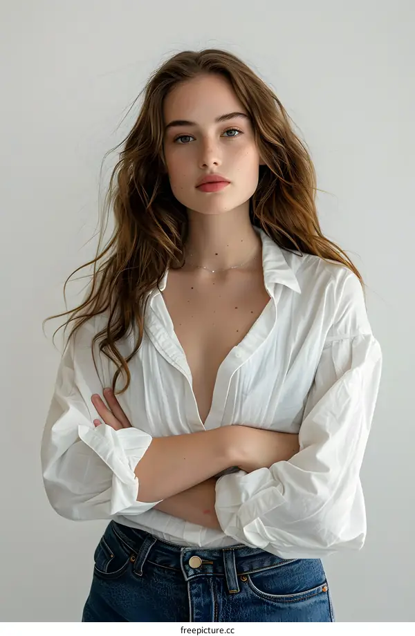 Portrait of a Young Woman with Brown Hair in White Shirt and Blue Jeans