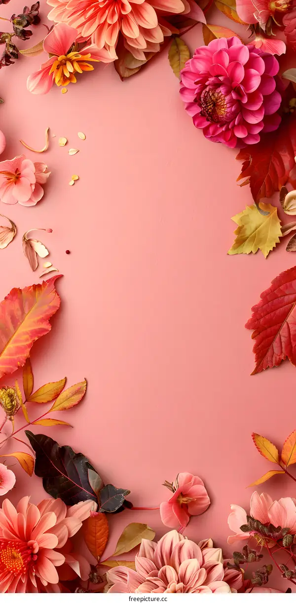 Floral Frame with Autumn Leaves on Pink Background