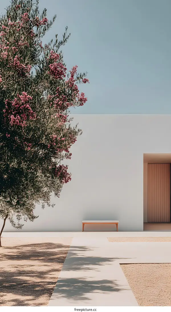 Minimalist Architecture Design With A Tree And Bench
