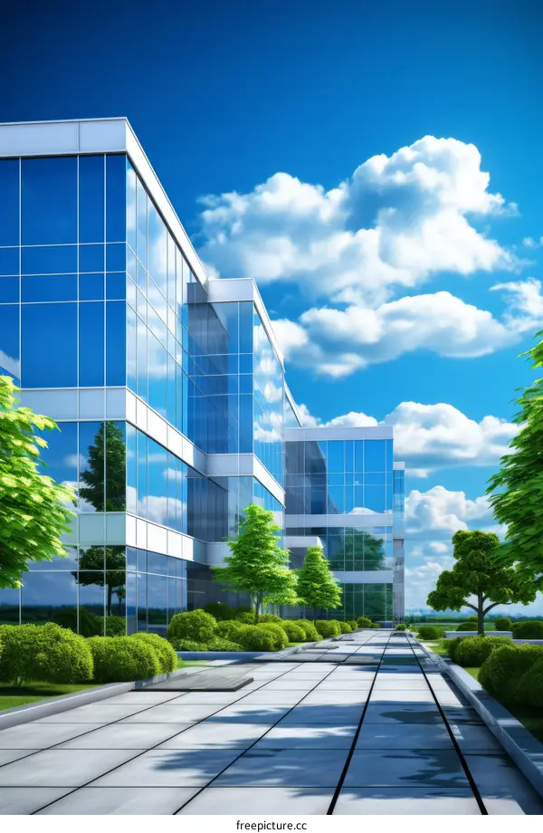 Modern Office Park with Glass Facades and Green Trees
