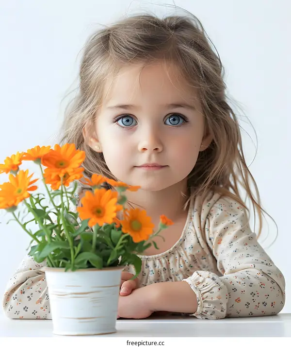 Little girl with blue eyes and orange flowers