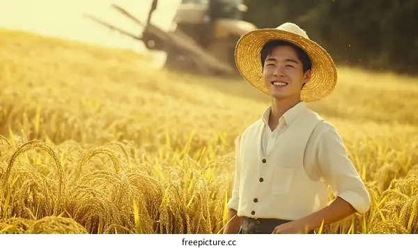 Asian Man in Straw Hat in Rice Field