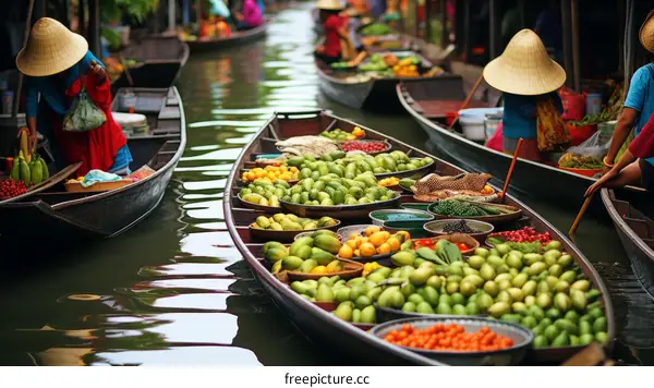 Floating market in Thailand with boats full of fresh fruits and vegetables