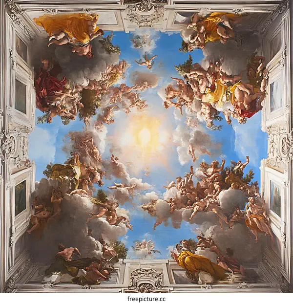 Baroque Fresco Painting of Angels and Gods in the Sky