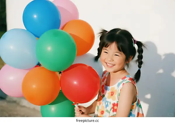 Little girl holding colorful balloons with a happy expression