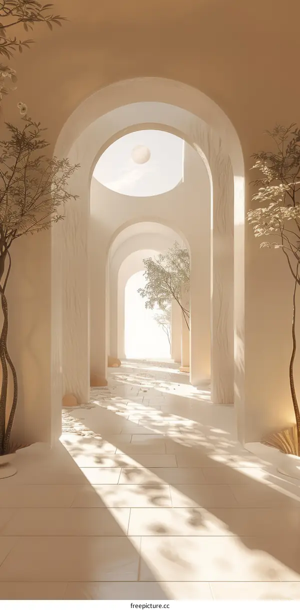 Futuristic building interior with arched openings and trees