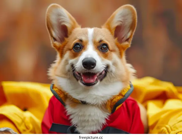 A happy corgi dog wearing a red jacket