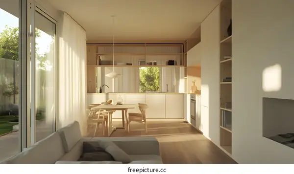 Minimalist Interior Design of Open Concept Living Room and Kitchen with Large Windows