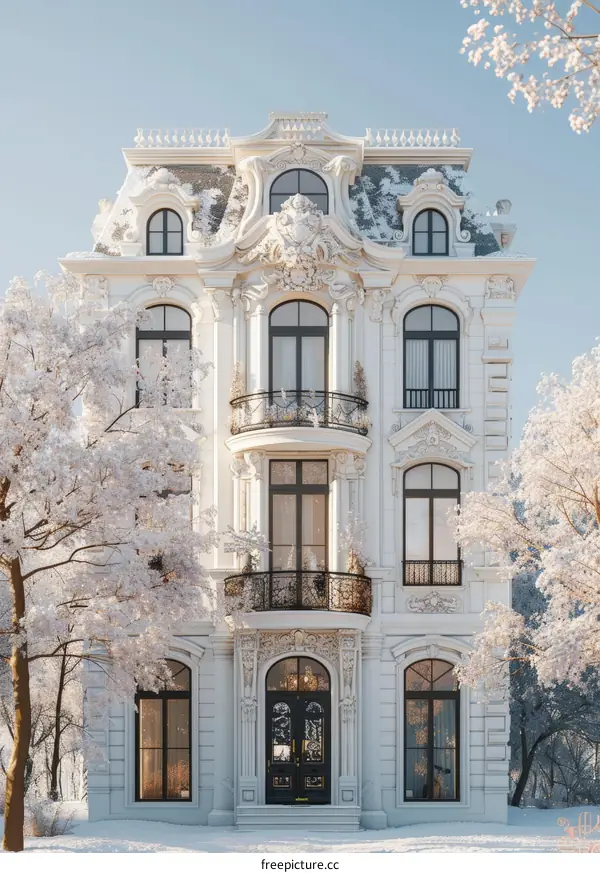 European-style architecture, covered with snow