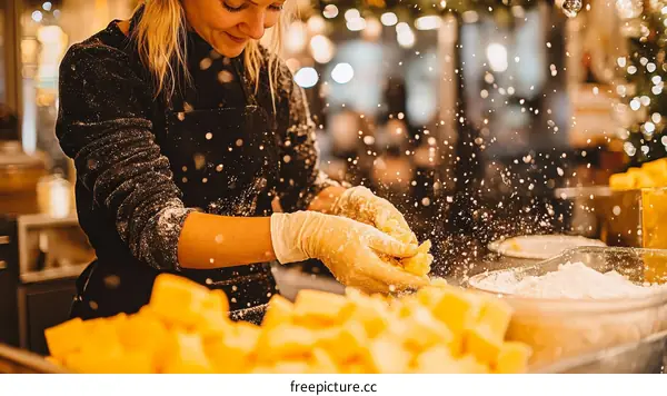 Woman Making Christmas Treats at a Market Stall