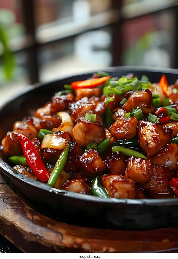 Sizzling plate of diced chicken with vegetables