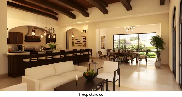 Modern Kitchen and Living Room Interior Design with Wooden Beams