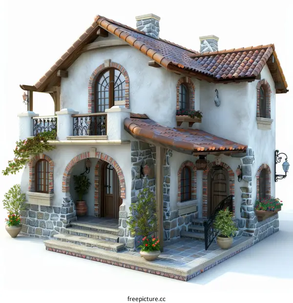 European style house exterior with stone and brick materials