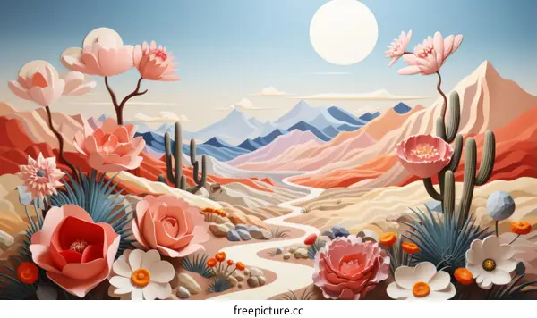 Surreal desert landscape with pink flowers and cacti