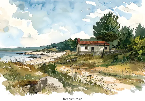 Watercolor Illustration of a Coastal Cottage Landscape