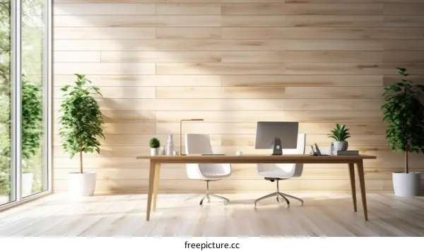 Two White Modern Chairs and a Wood Desk by a Large Window in a Room with Green Plants