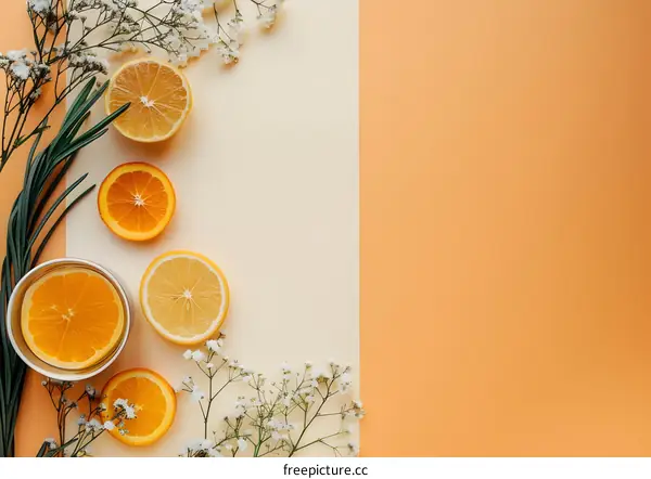 Fresh Sliced Orange and Lemon with White Flowers on a Peach and Cream Background