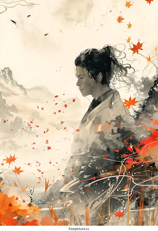 A solumn man in Hanfu stands in the maple forest