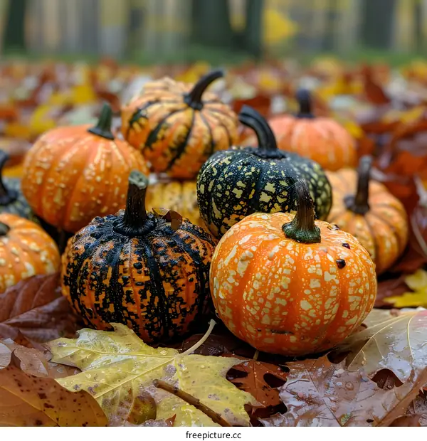 A group of pumpkins on the ground with autumn leaves in the background