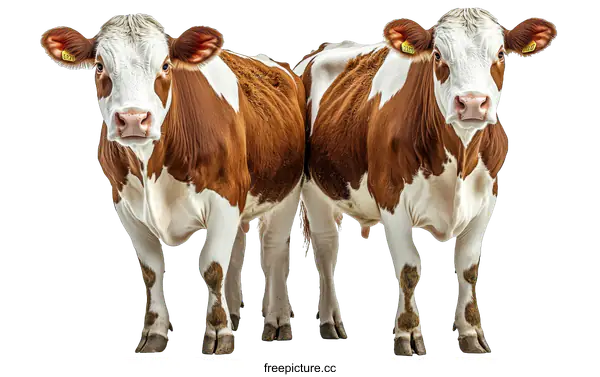 [Transparent Background PNG]Two Brown and White Cows in Studio Portrait