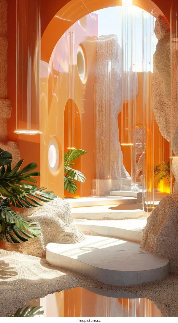 Futuristic surreal interior space with stairs and plants