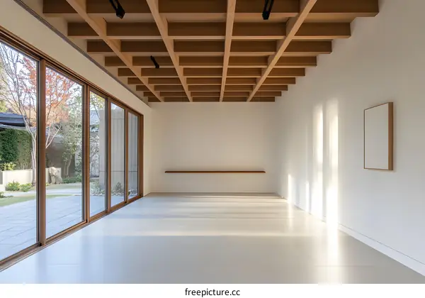 Modern Minimalist Interior Design with Wooden Beam Ceiling and Large Windows
